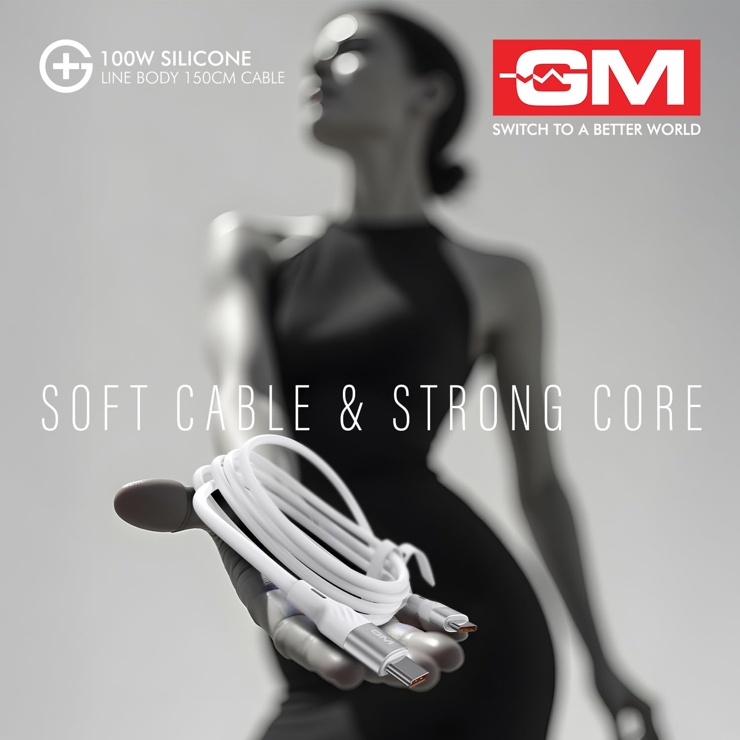 GM G+ 100W Silicon Line Body 150cm Cable , Flexible Silicone Line Body, PD 3.1 Type-C Cable, 480Mbps Data Transfer, Durable Aluminium Connectors White - Image 5