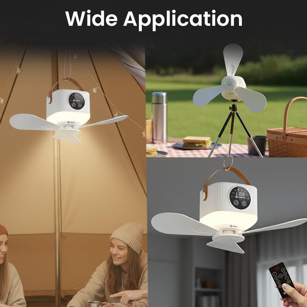 Toreto Steady Air Portable Ceiling Fan with Detachable Tripod Stand, 180° Automatic Oscillation, Built-in Night Light, TypeC Charging Remote Off White - Image 6