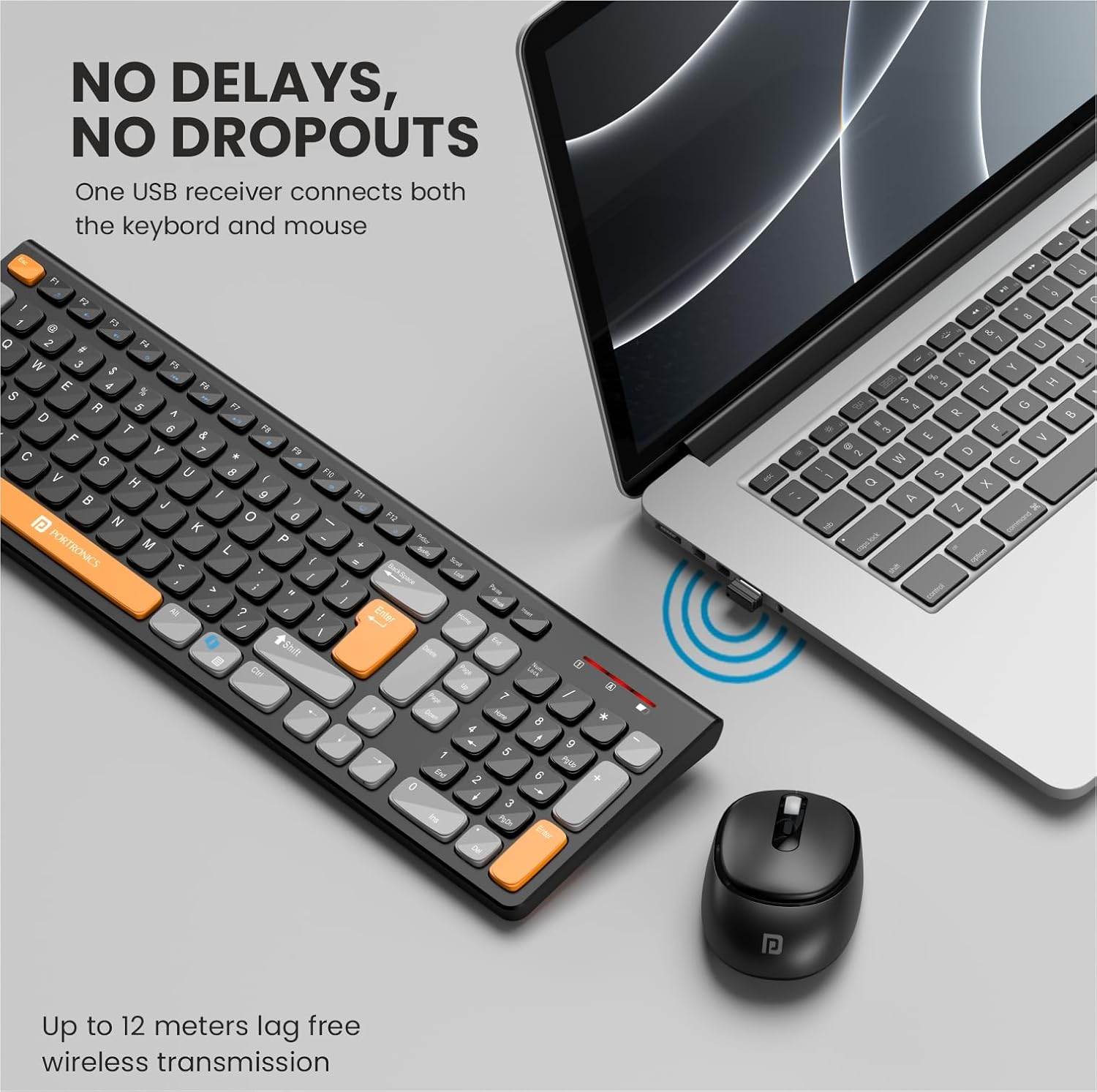 Portronics POR 2113 Key7 Combo Wireless Keyboard & Mouse Set with Copilot AI, 2.4 GHz USB Receiver, 10m Range, 12 Shortcut Keys, Adjustable DPI (Up to 1600), 10M Key Life for PC, Laptop, Mac(Black+Orange) - Image 3