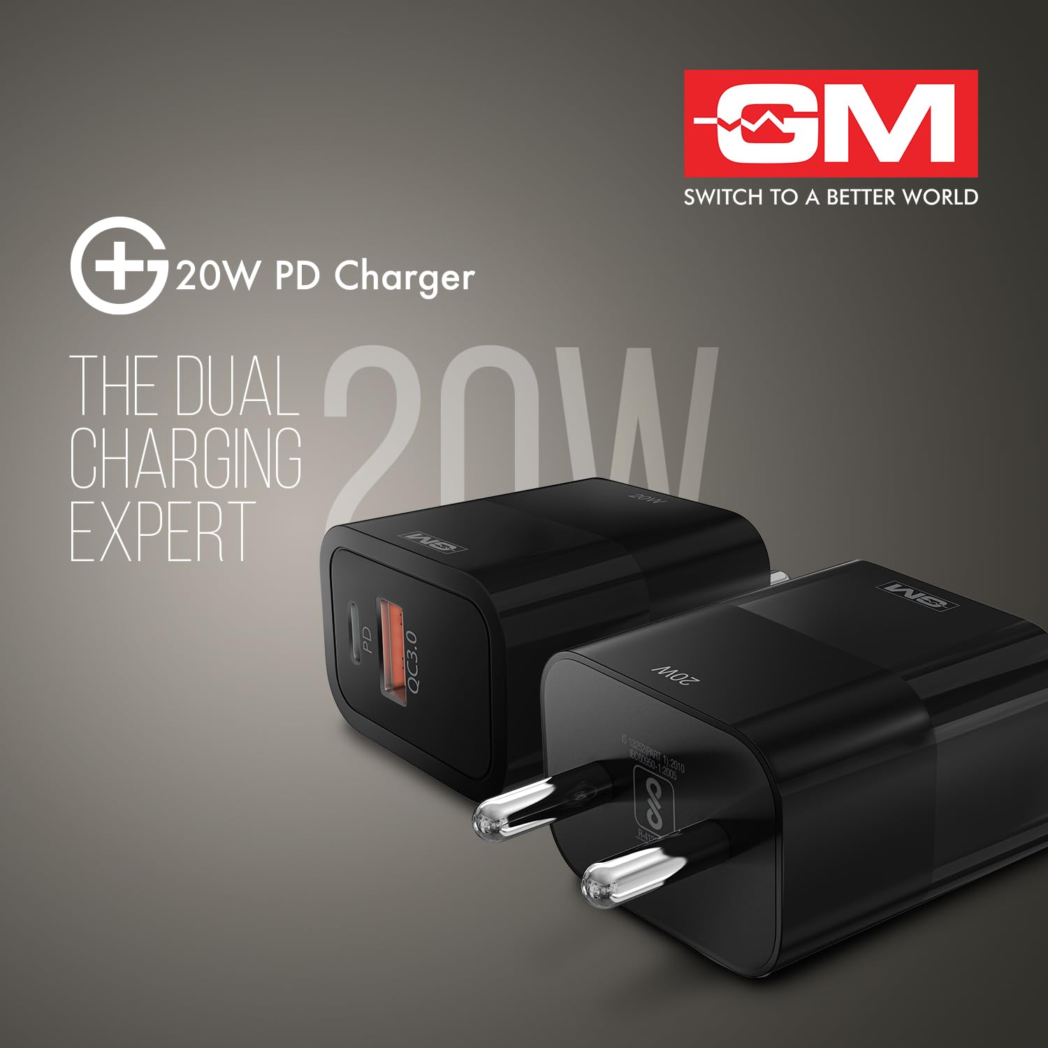 GM G+ 20W Dual Port Type C And A Mobile PD Charger, Fast Charging for Android, iPhone 16/15/14/13/12/11 Pro,Max, Samsung, One Plus Black - Image 6