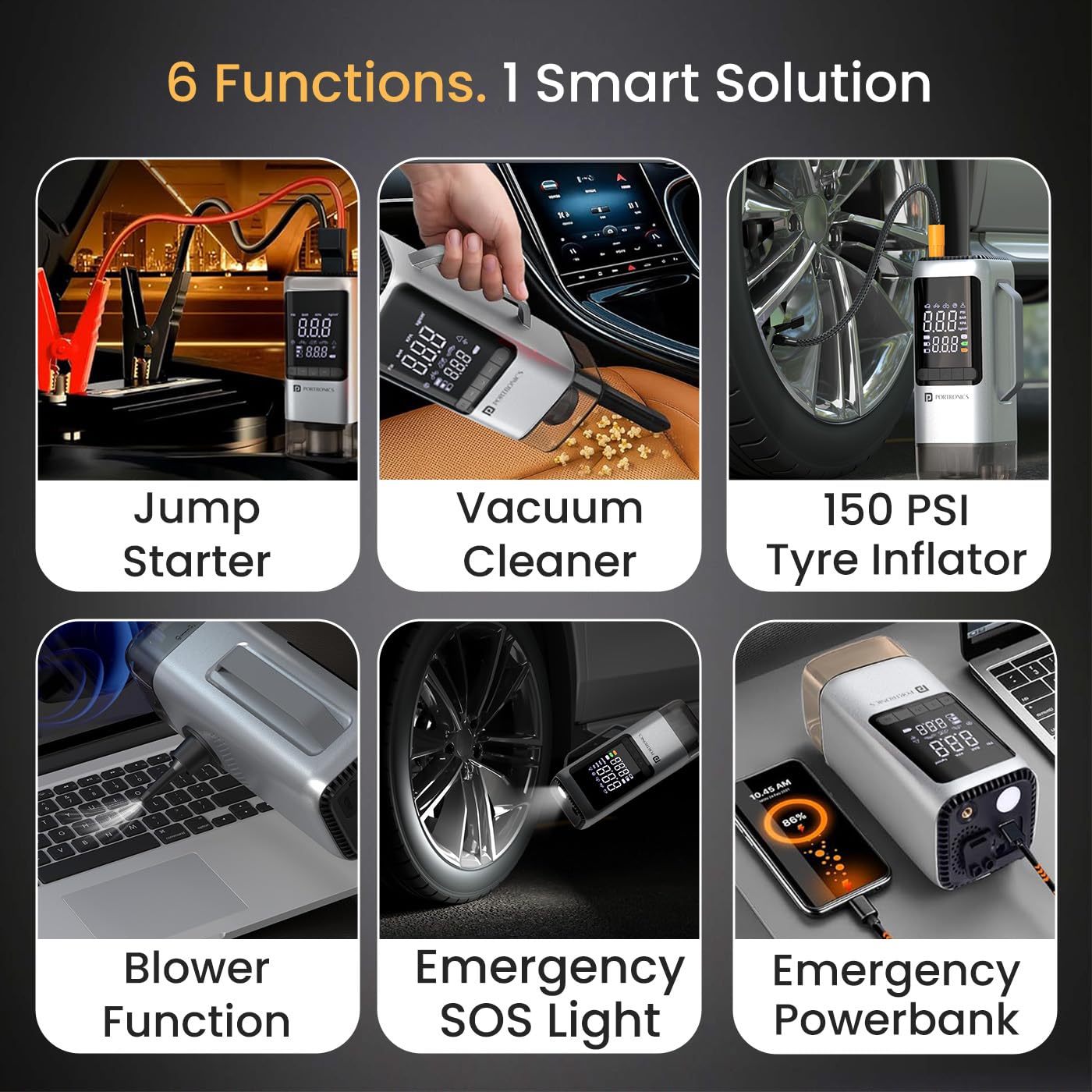 Portronics POR 2895 Vayu Cop 6-in-1 Rechargeable BLDC Car Emergency Kit with 12V Jump Starter, Tyre Inflator, 5000Pa Vacuum Cleaner, 10,000 RPM Air - Image 7