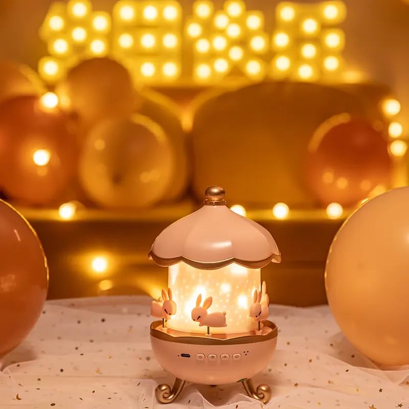 Bunny Carousel Night Light Projector, LED Lamp with 6 Rotating Films, Star Projection for Nursery & Kids Room Decor, Rotatable Rabbit Light, Pink - Image 10