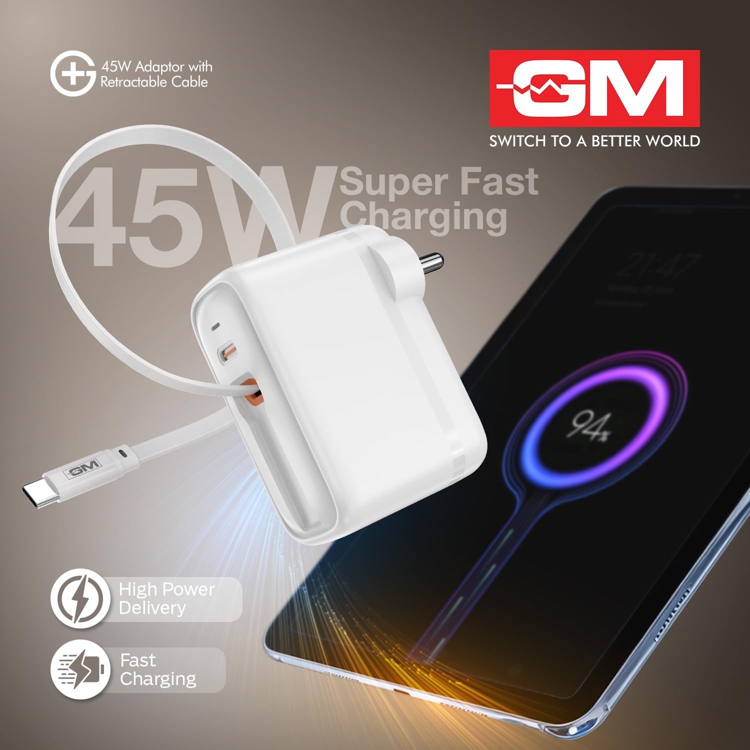 GM G+ 45W Type C All in One Travel Adapter with 70 CM Retractable Cable, GaN Technology Super Fast Charger for Mobile And Laptop White - Image 3