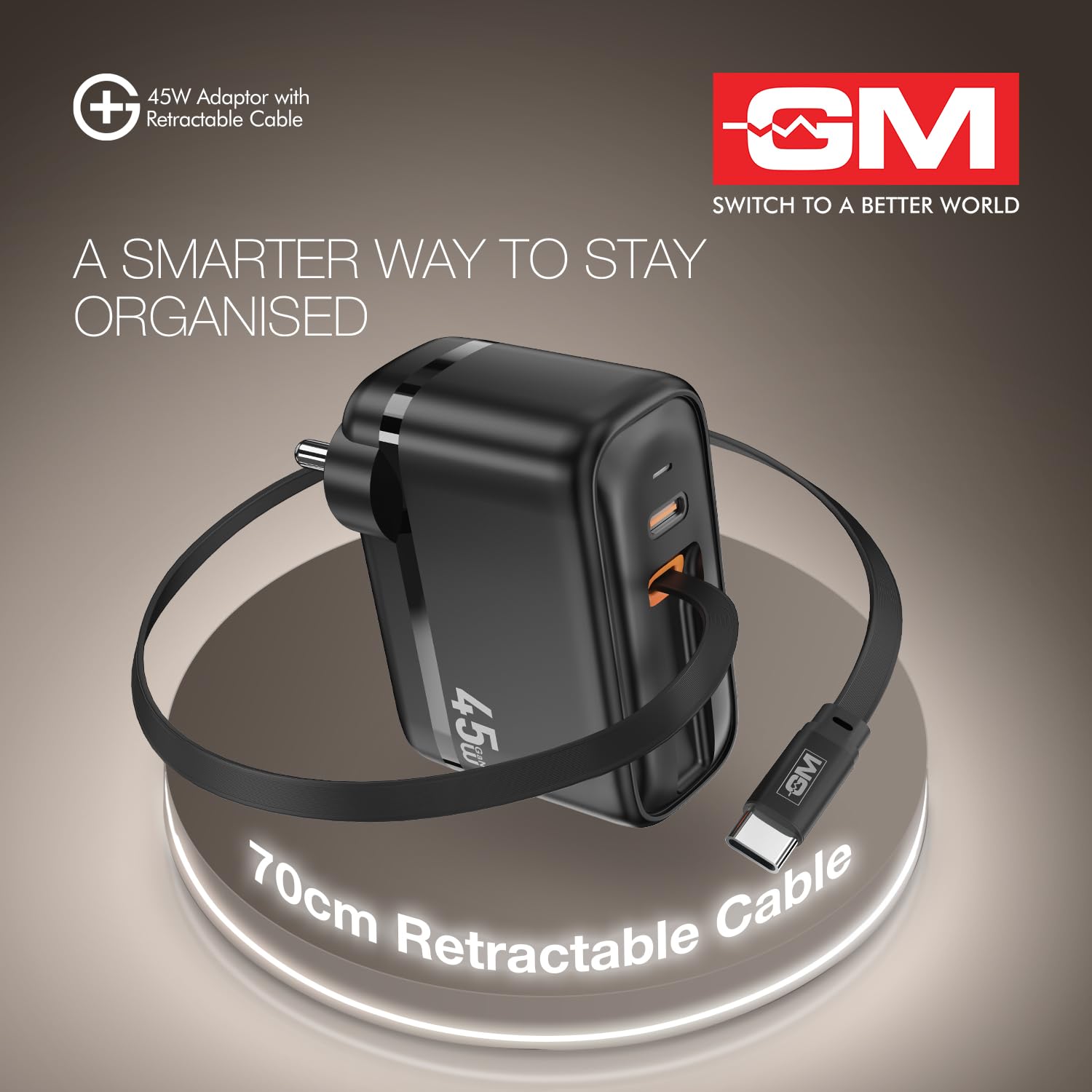 GM G+ 45W Type C All in One Travel Adapter with 70 CM Retractable Cable, GaN Technology Super Fast Charger for Mobile And Laptop Black - Image 2