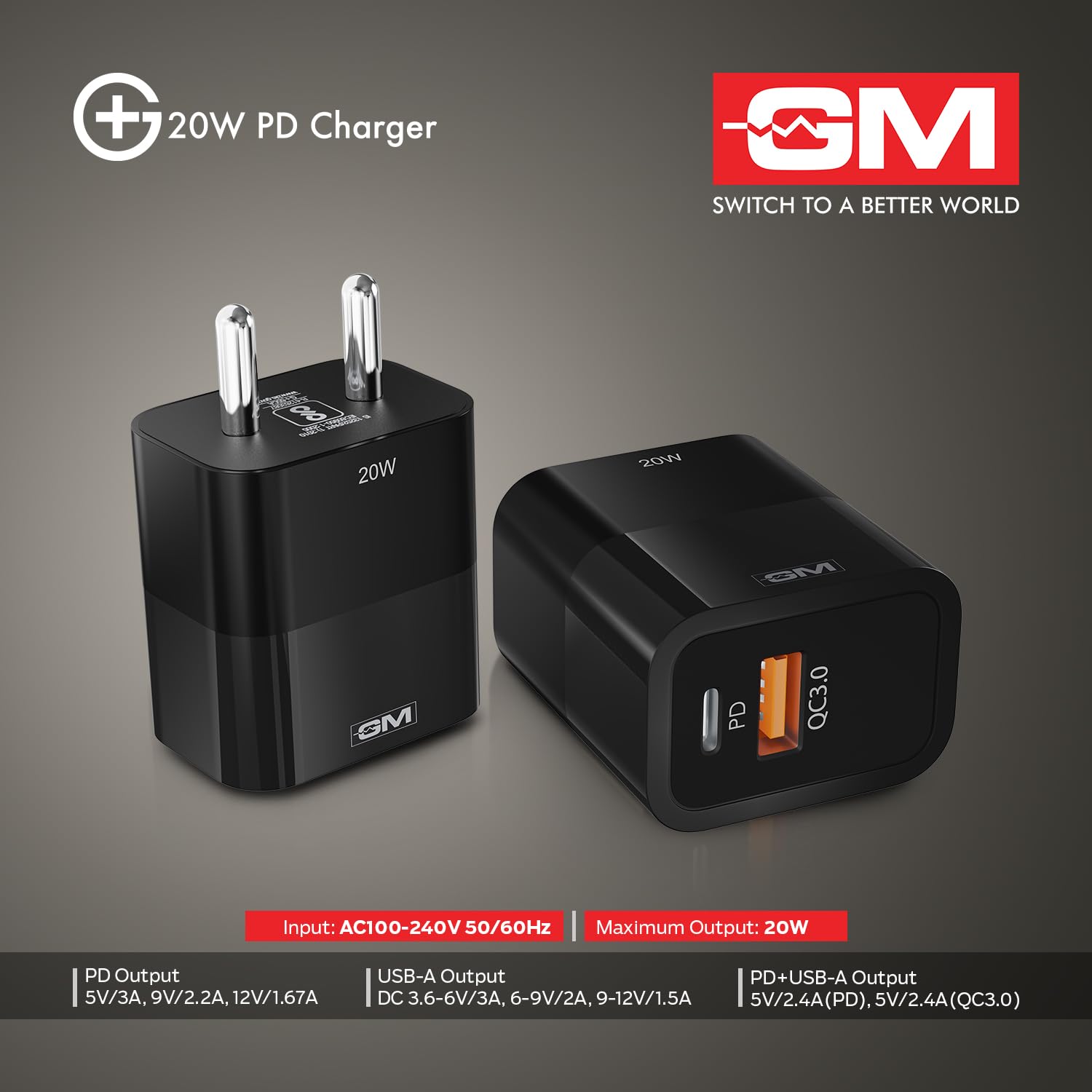 GM G+ 20W Dual Port Type C And A Mobile PD Charger, Fast Charging for Android, iPhone 16/15/14/13/12/11 Pro,Max, Samsung, One Plus Black - Image 7