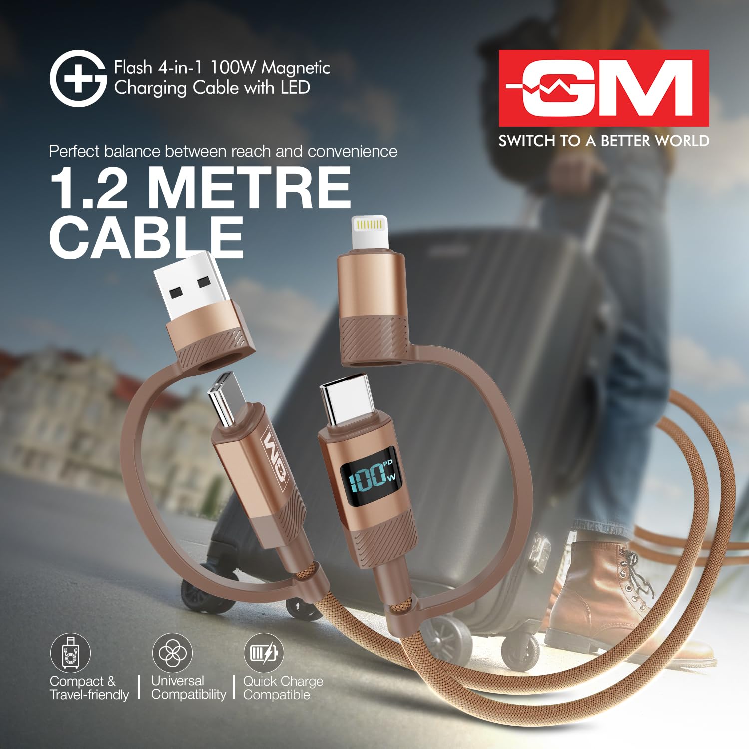 G+ Flash 4-in-1 100W Magnetic Charging Cable with LED Indicator, Self-winding, 480Mbps, 4 Ports (2 Type-C, Type-A, Lightning), 120cm Cord Length, For Laptops, Tablets, & High-power Devices - Image 8