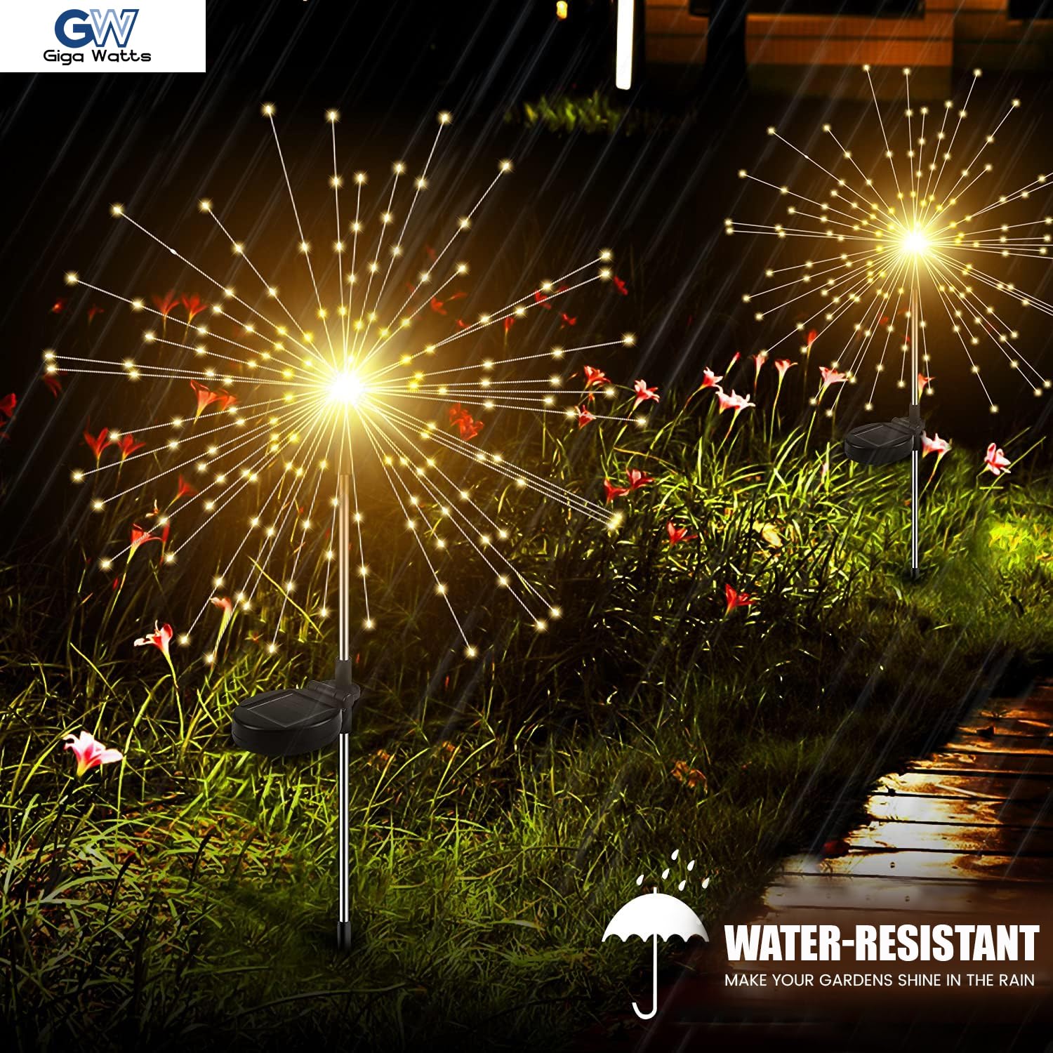 Outdoor 90 LEDs Solar Firework Light 2 Lightning Modes Starburst Design Water Resistant Garden String Lights for Party Decor Warm Yellow, Pack of 2 - Image 5