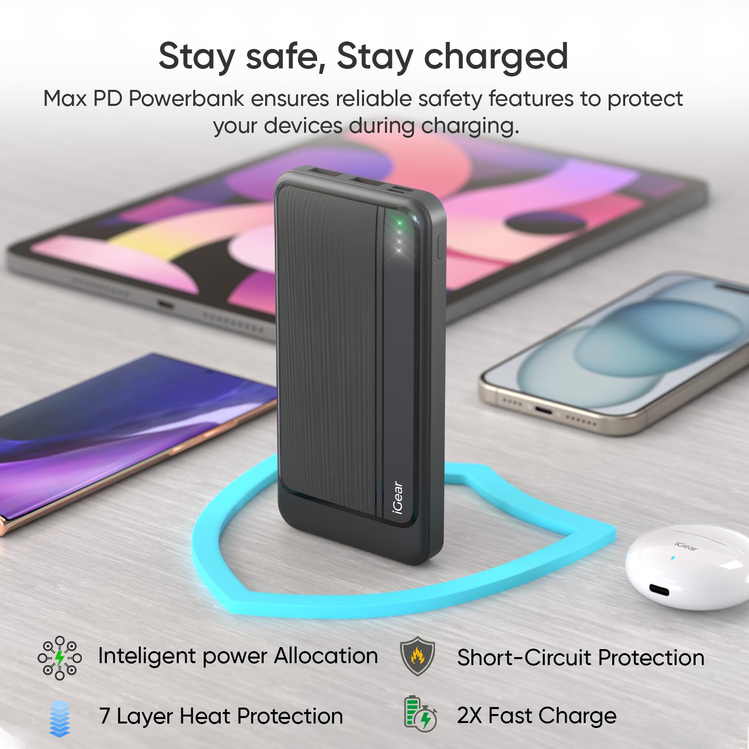 iGear Max PD Power Bank 10000mAh, Type-C PD 22.5W Fast Charging, Triple Output Ports, Battery Indicator, Wake-up Button, High-Speed Power Black - Image 6