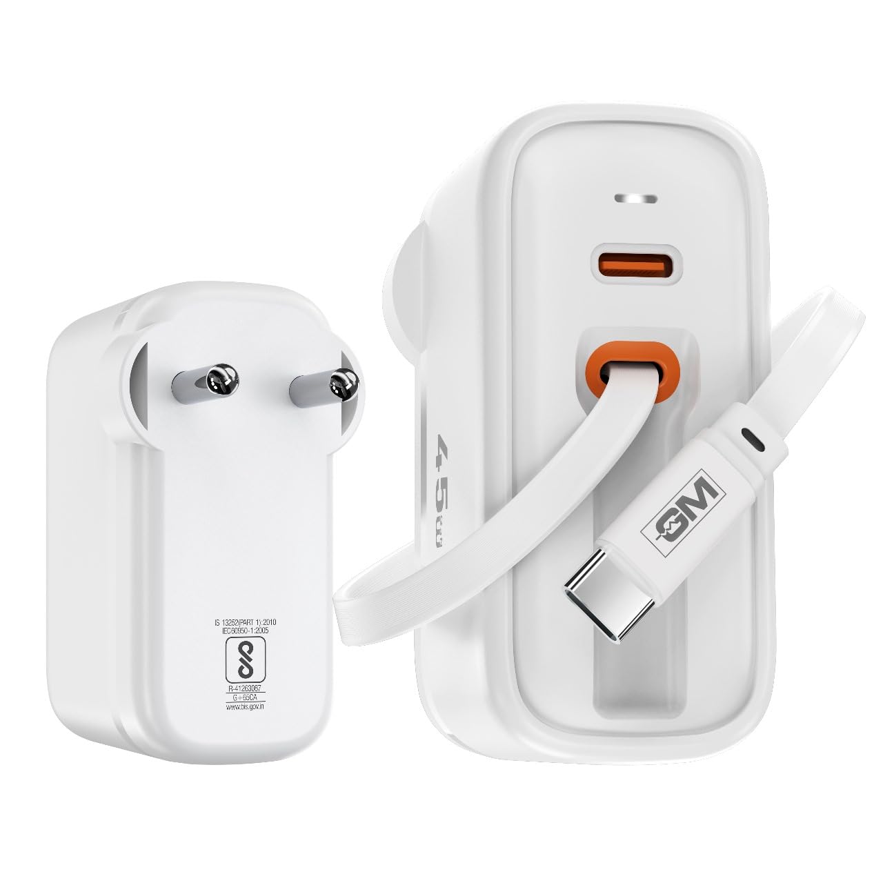 GM G+ 45W Type C All in One Travel Adapter with 70 CM Retractable Cable, GaN Technology Super Fast Charger for Mobile And Laptop White - Image 1