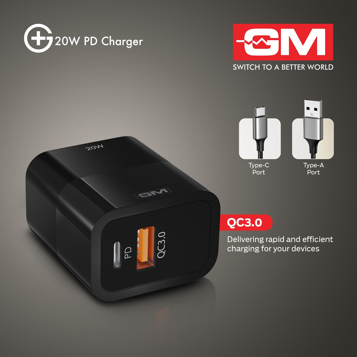 GM G+ 20W Dual Port Type C And A Mobile PD Charger, Fast Charging for Android, iPhone 16/15/14/13/12/11 Pro,Max, Samsung, One Plus Black - Image 3