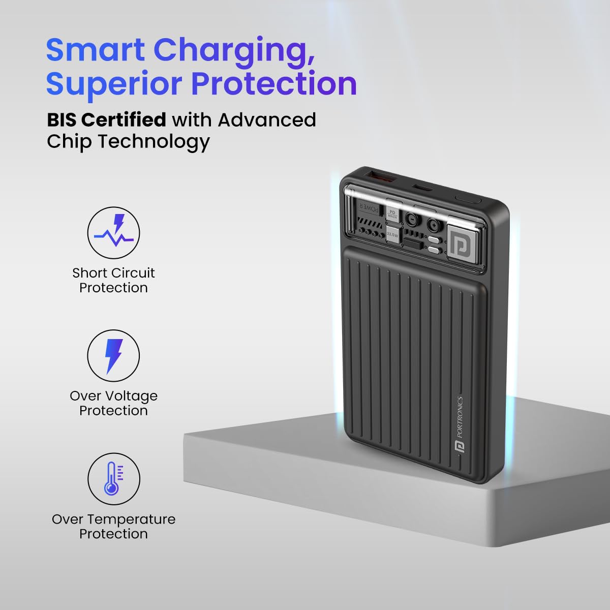 Portronics POR 2175 Luxcell Mini 10K Advanced 10000 mAh Nano Power Bank with 22.5W Max Output, LED Indicator, Mach USB-A Output, Type C PD Output, Type C Input, Wake Up Button Black - Image 7