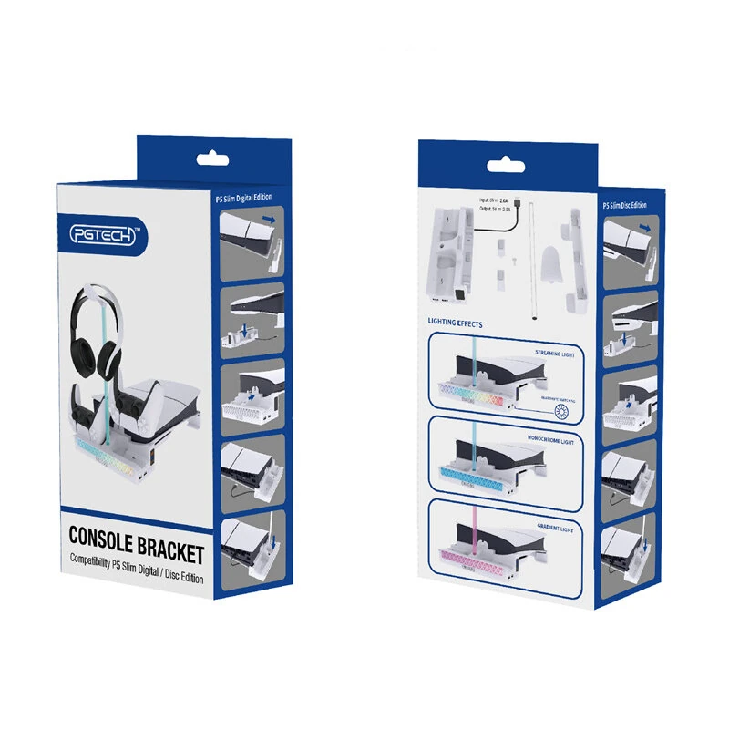 PGTECH GP-533 RGB Horizontal Console Bracket with Dual Gamepad Charging Port Built-in Dual Cooling Fan for PS5 Slim Host - White - Image 1
