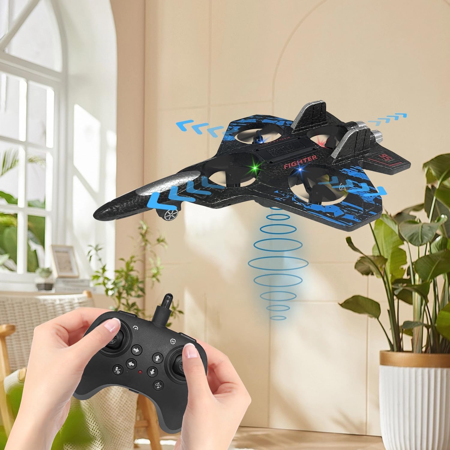 RC Fighter Plane Drone 2.4 GHz Remote Controlled Fighter Plane Easy to Fly Stable LED Lights, 360 Degree Roll, Hovering 2 Battery - Image 2