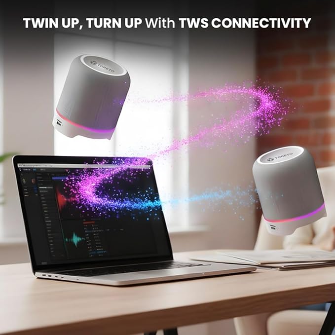 Toreto TOR-464 Twin Magno Magnetic Wireless Bluetooth Speaker 16W  Detachable Dual Speakers, RGB Lights, 6H Playtime, TWS Stereo Mode, Type-C Charging, Portable Wireless Speaker Black - Image 6