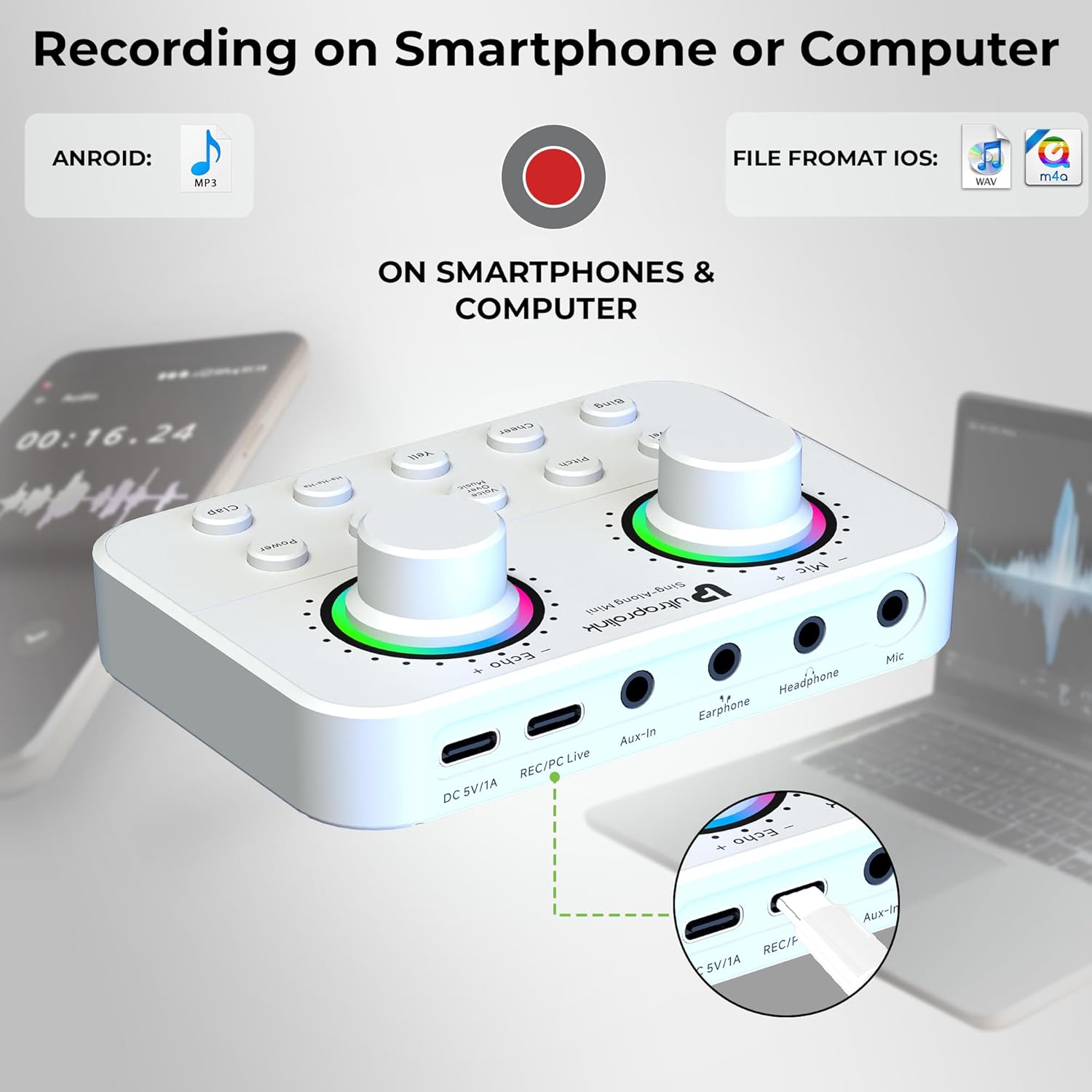 UltraProlink Sing Along Mini, Slimmest Portable Bluetooth Karaoke Mixer, Sound Card for Karaoke,Podcast, Singing, Live Stream,Broadcast, White - Image 3