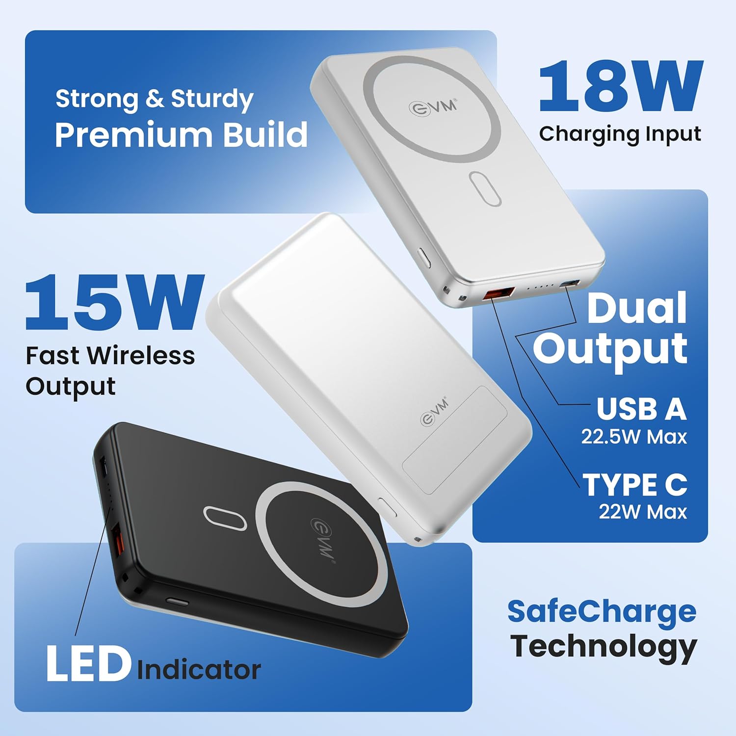 EVM P0301 EnMag Ace 10000mAh Power Bank 15W Wireless Charging, 22.5W Fast Charging, Magnetic Compatible 2 Year Warranty White - Image 4