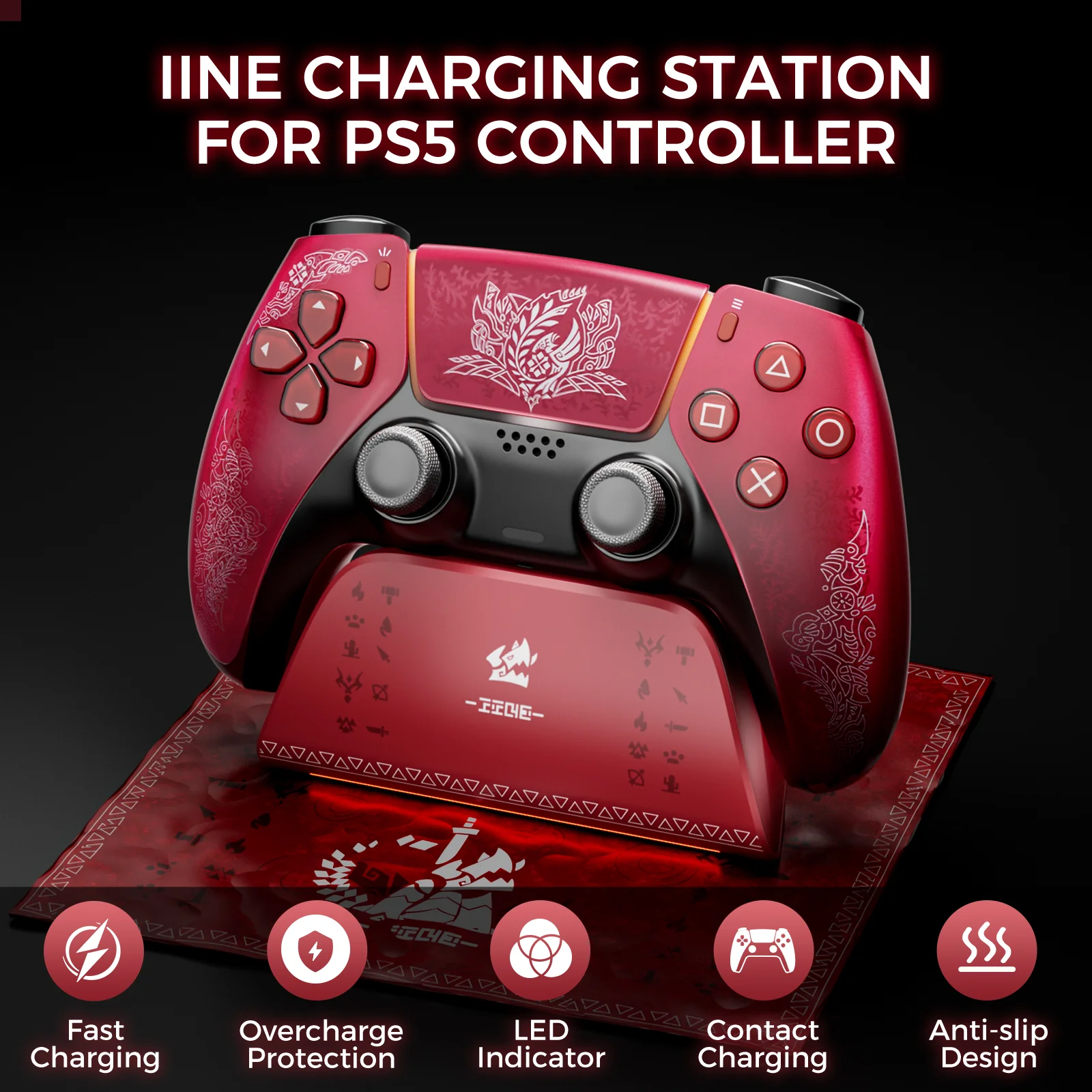 PS5 Controller Charging Stand Monster Hunter Wilderness Theme Charger for PS5 Controller Contact Fast Charging Red - Image 2