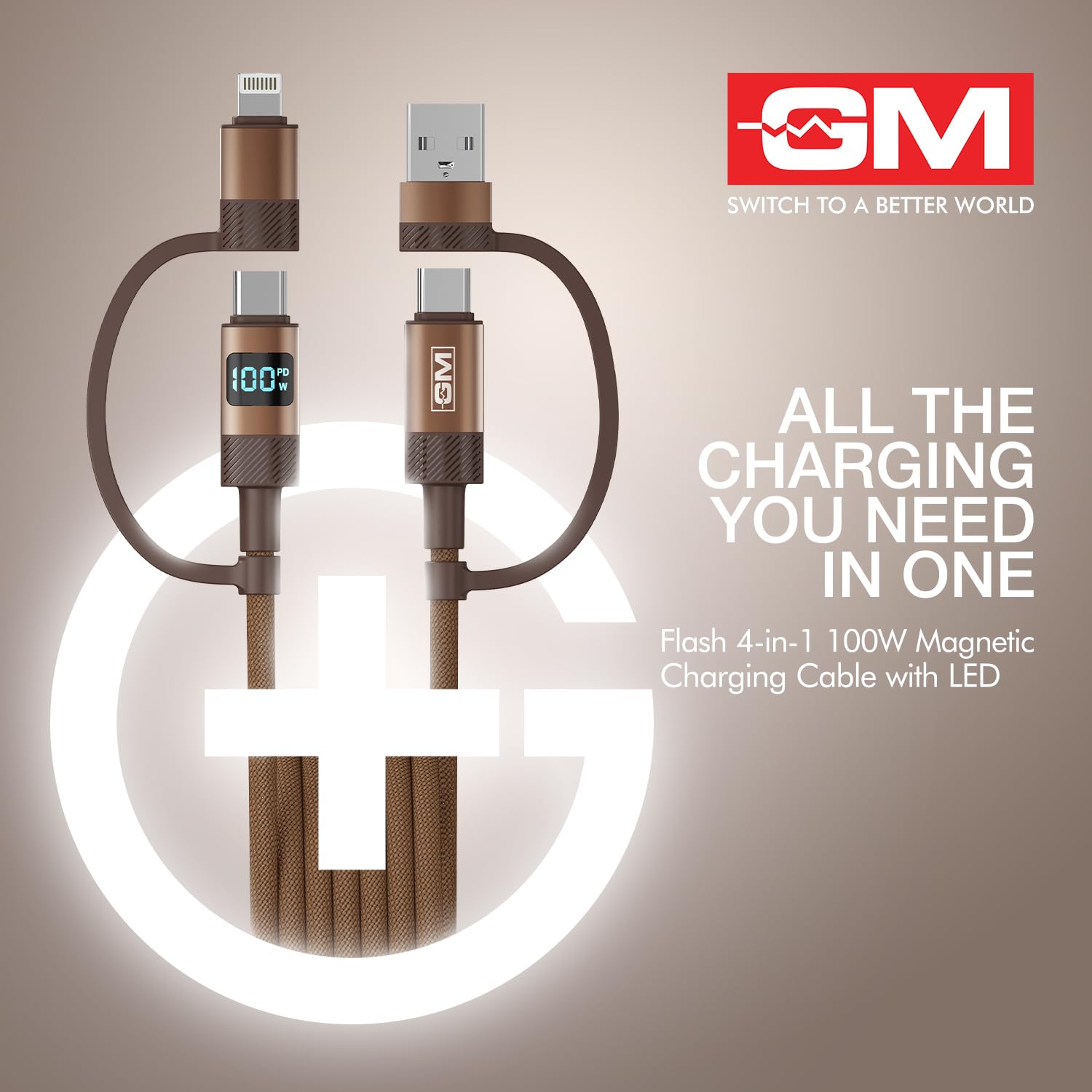 G+ Flash 4-in-1 100W Magnetic Charging Cable with LED Indicator, Self-winding, 480Mbps, 4 Ports (2 Type-C, Type-A, Lightning), 120cm Cord Length, For Laptops, Tablets, & High-power Devices - Image 3
