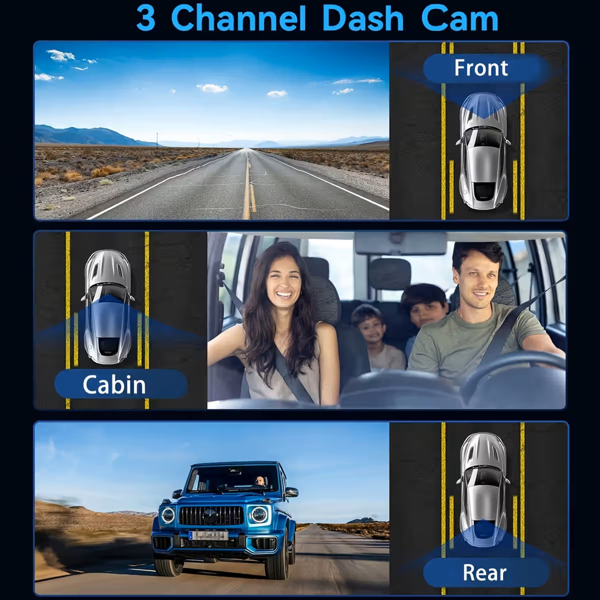 3 Channel Dash Cam Front and Rear Inside, 4K Full UHD Dash Camera for Cars,WDR,G-Sensor,2.0''IPS HD Screen, Loop Recording,24H Parking Monitor - Image 5