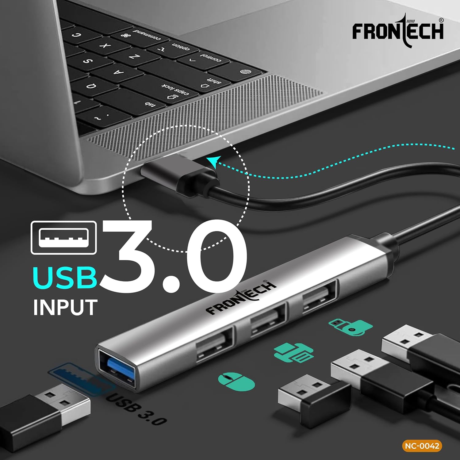 Frontech 4 in 1 Slim Multiport HUB Dock,1XUSB 3.0, 3X USB 2.0,Compact Metal Design, Upto 5 Gbps Hight Speed Data Transfer for Desktop,Laptop,Tablet - Image 4