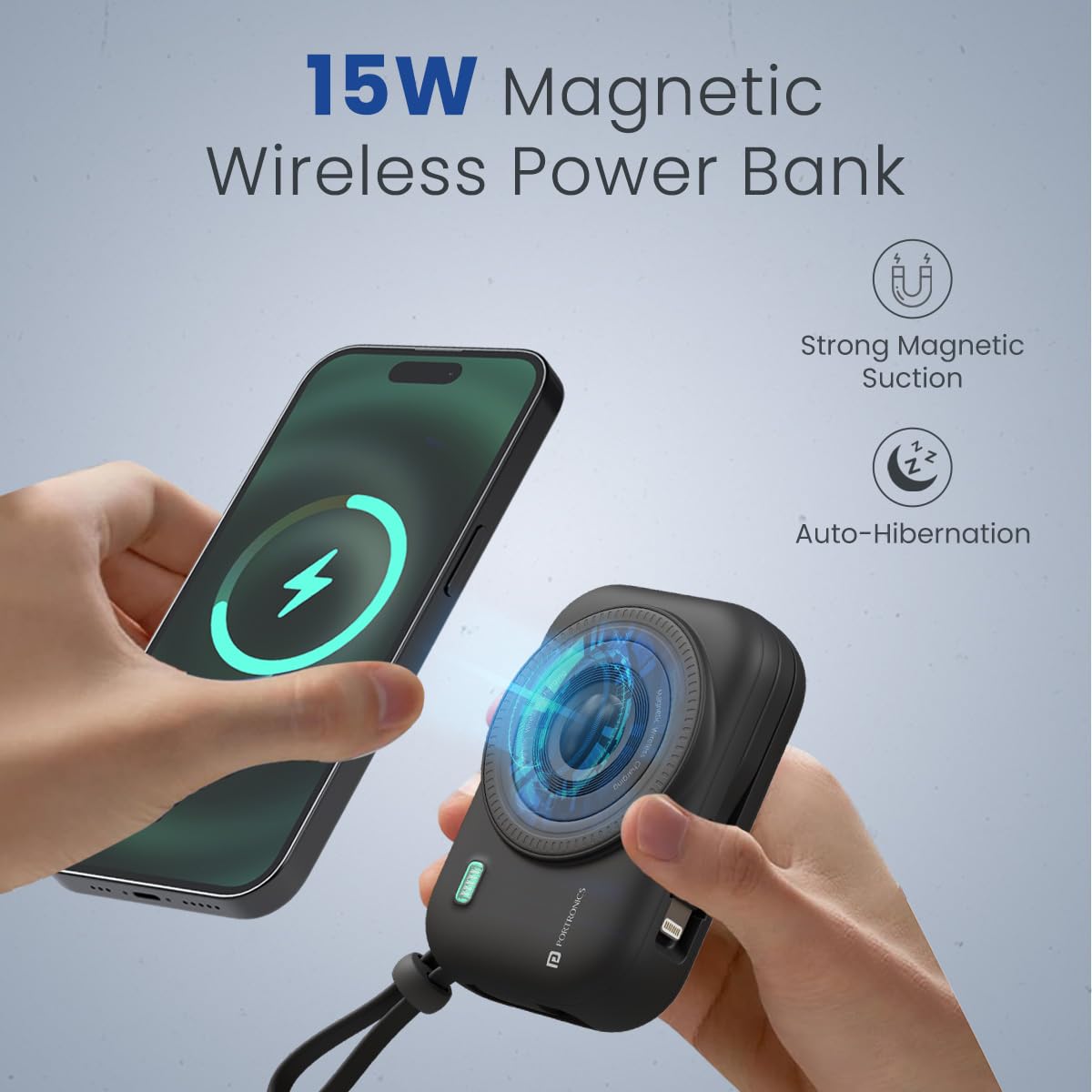Portronics POR 2264 Power Shutter 10000mAh 15W Magnetic Wireless Fast Charging Powerbank with in-Built Type C And 8 Pin Cable, 22.5W Type C PD Output, Type C Bidirectional Port, LED Display Black - Image 5