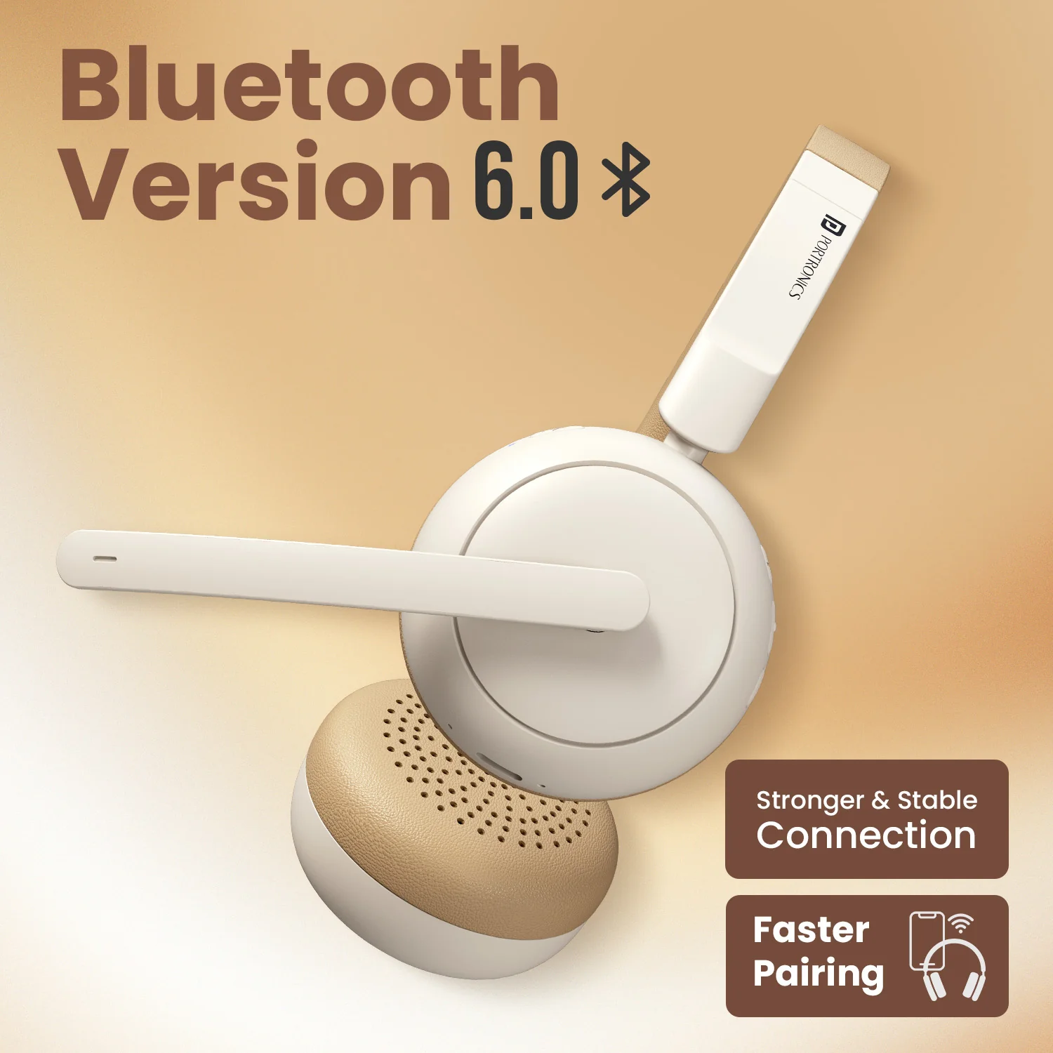 Portronics POR 3419 Muffs A3 ENC Upto 50 Hours Playtime | Bluetooth Version 6.0 | Adjustable Headband | Type C Fast Charging Beige - Image 3