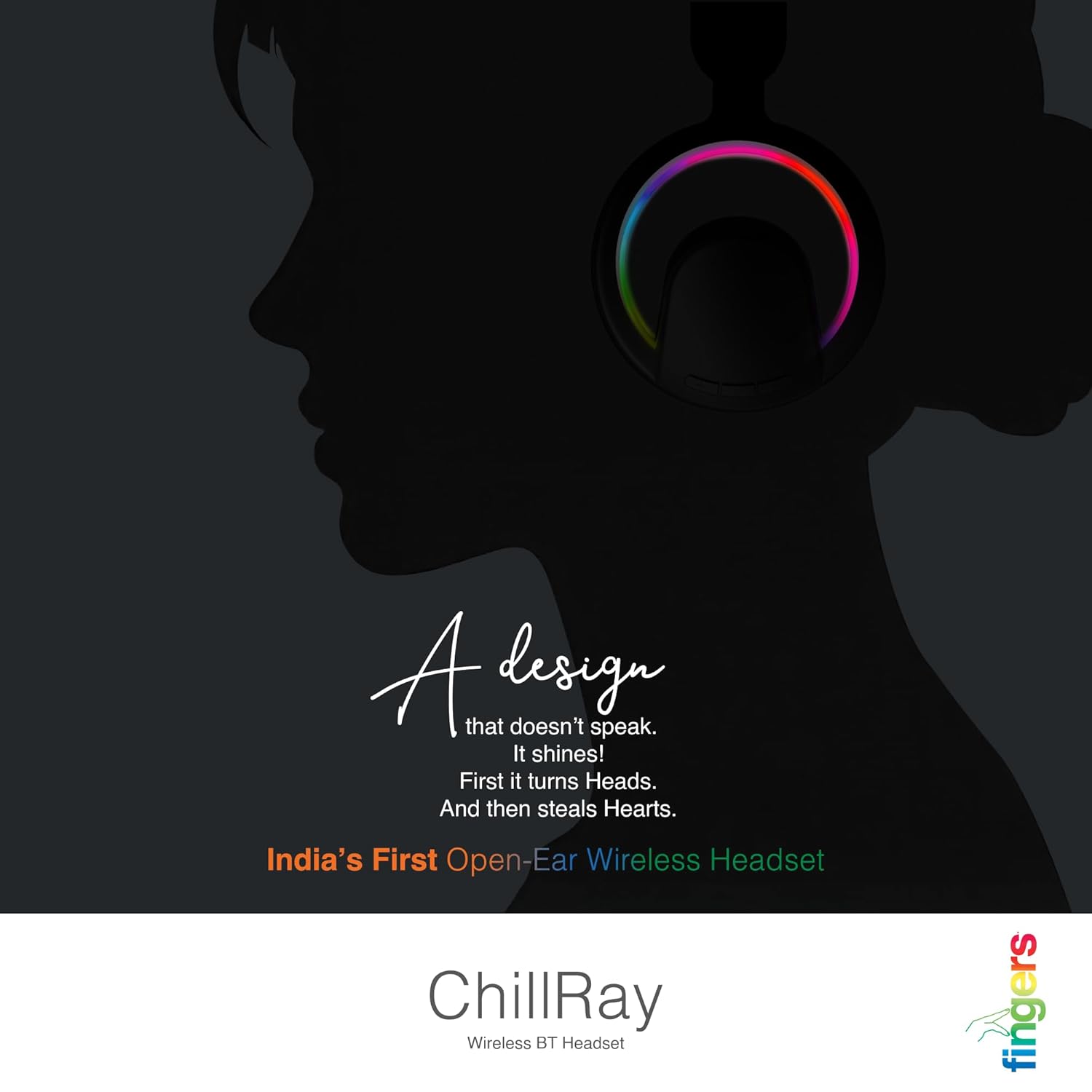 FINGERS ChillRay Open-Ear Wireless Headphones 360° Reality Audio, LED Halo Light Effects, 20 Hrs Playback, Flexible Foldable, Dual Mic Cool Black - Image 2