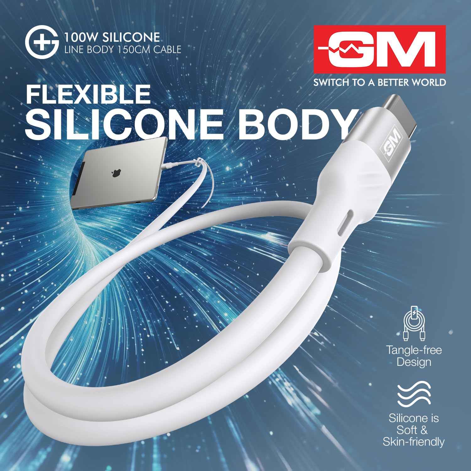 GM G+ 100W Silicon Line Body 150cm Cable , Flexible Silicone Line Body, PD 3.1 Type-C Cable, 480Mbps Data Transfer, Durable Aluminium Connectors White - Image 6