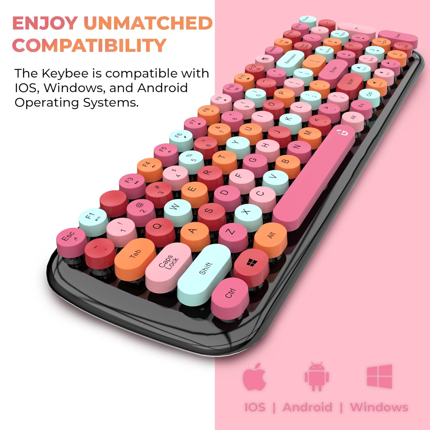 iGEAR KeyBee Retro Typewriter Inspired 2.4GHz Wireless Keyboard and Mouse Combo with USB Support, Single Nano Receiver, Round Keycaps, Black Pink - Image 6