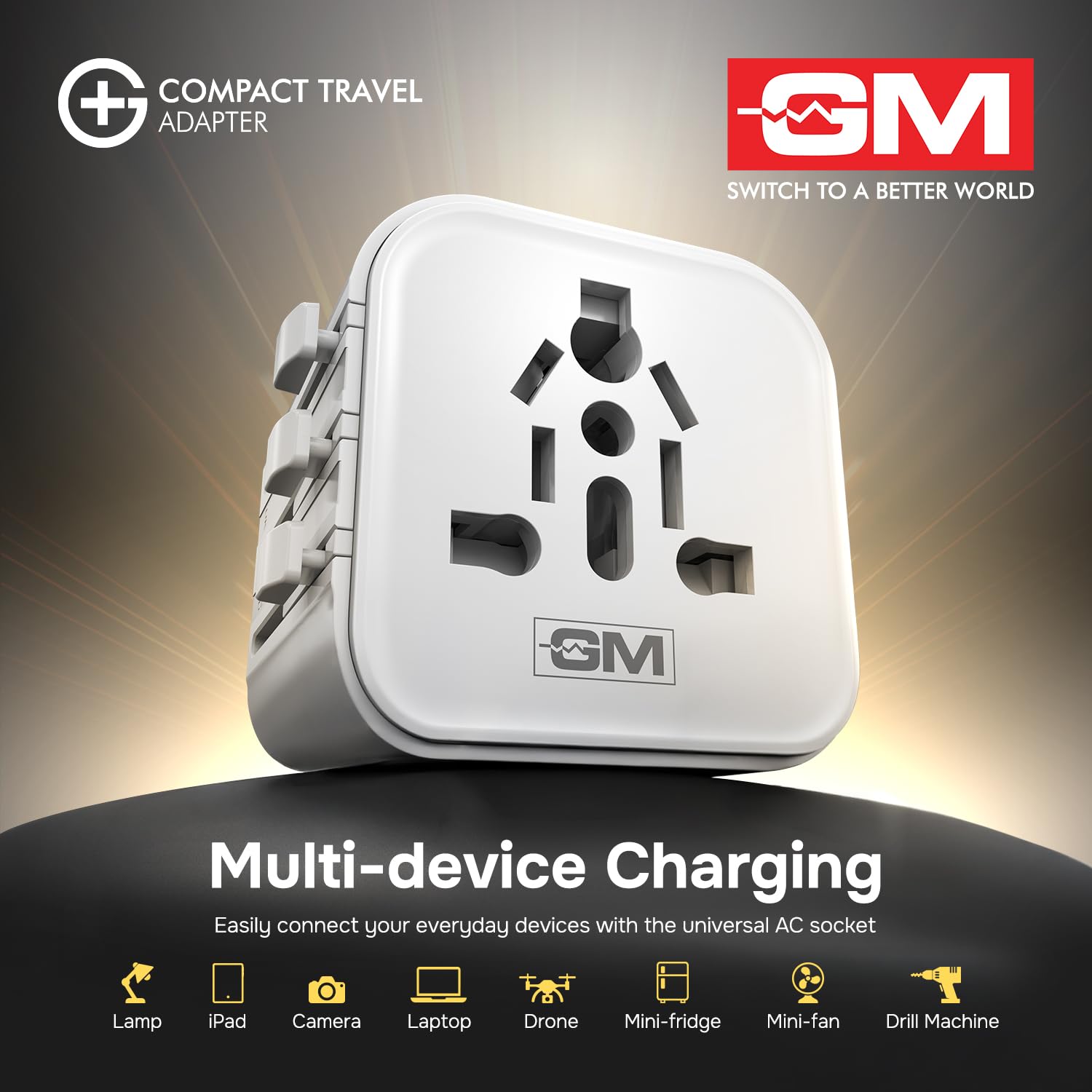GM G+ Compact Travel Adapter, Universal All-in-One Worldwide Plug (US/UK/EU/AU), Safety Protection, Foldable, Fire-Resistant, 150+ Countries White - Image 6