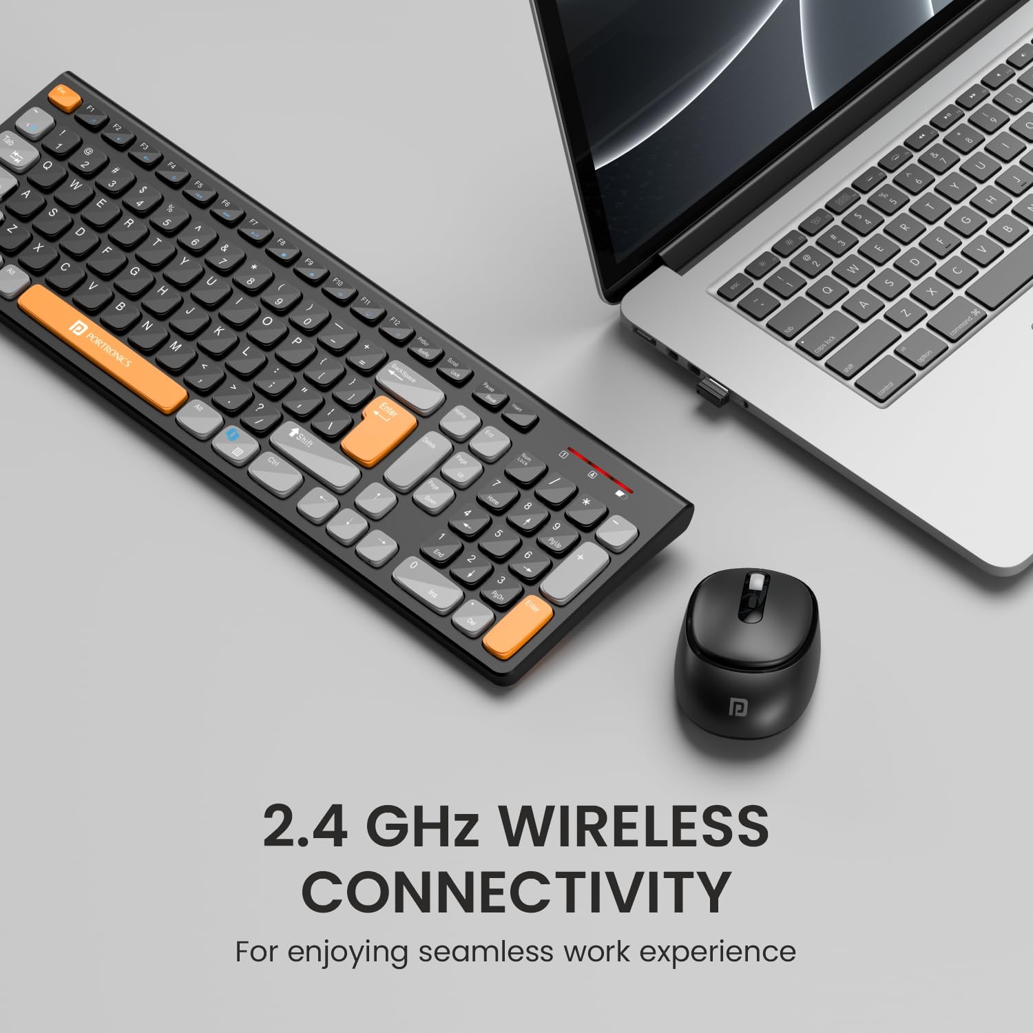 Portronics POR 2113 Key7 Combo Wireless Keyboard & Mouse Set with Copilot AI, 2.4 GHz USB Receiver, 10m Range, 12 Shortcut Keys, Adjustable DPI (Up to 1600), 10M Key Life for PC, Laptop, Mac(Black+Orange) - Image 2