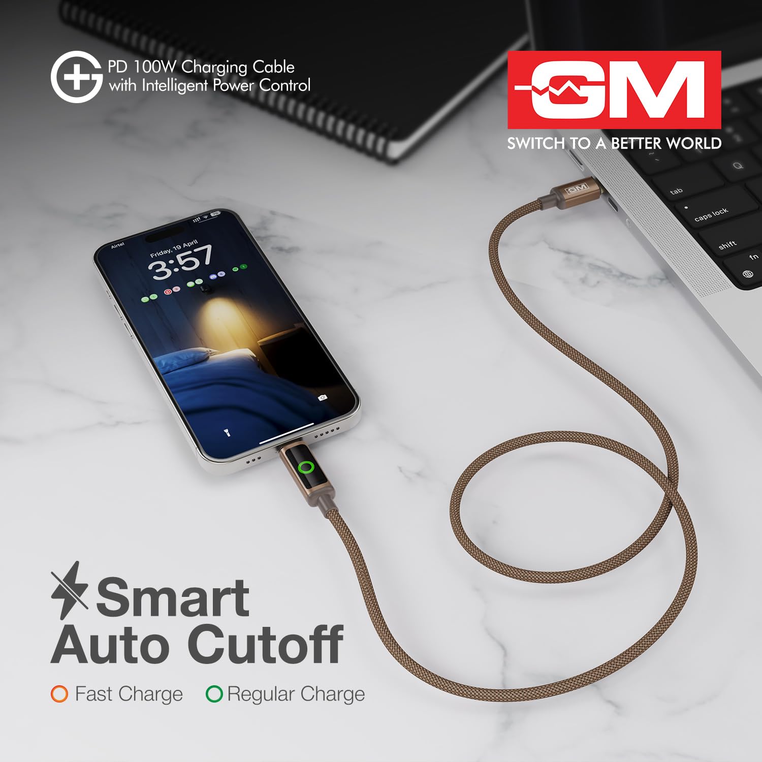 G+ 100W PD Cable Fast Charging Smart Auto Cutoff Laptop Charger 480Mbps Brown - Image 2