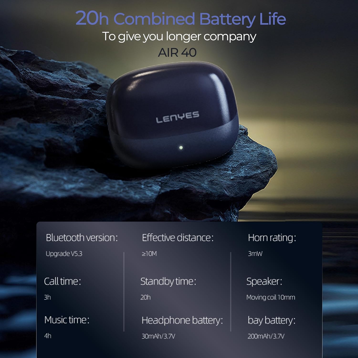 Lenyes AIR40 Wireless Earbuds Bluetooth 5.3, 20H Playtime, HiFi Bass, Touch Control, Instant Pairing, Voice Assistant, 30mAh Earbuds + 200mAh Black - Image 6