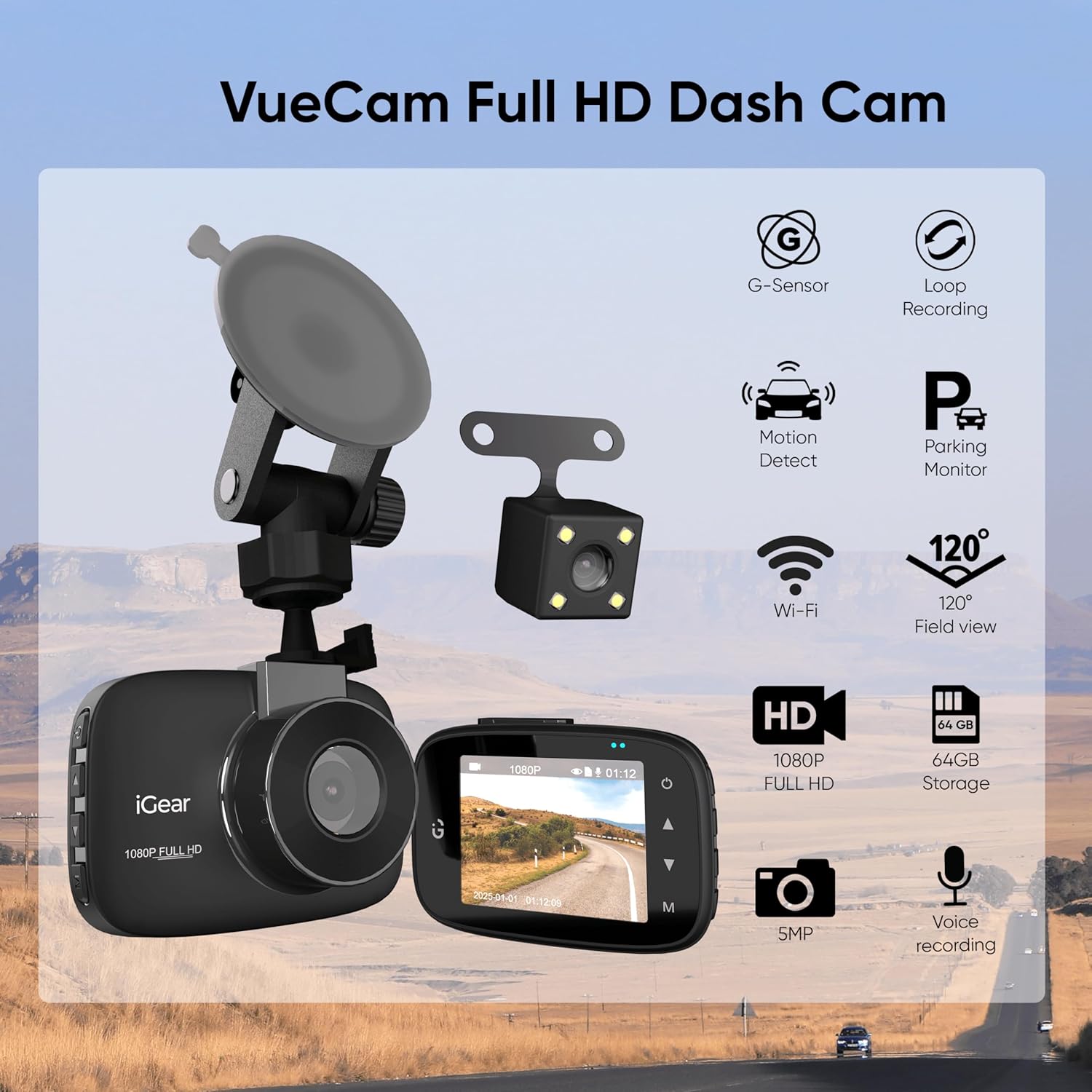 iGear VueCam Full HD 1080P Car Dash Cam, Front Rear Recording, 2.2" LCD, G-Sensor, Parking Mode, Motion Detection, Loop Recording, Wi-Fi App Control - Image 5