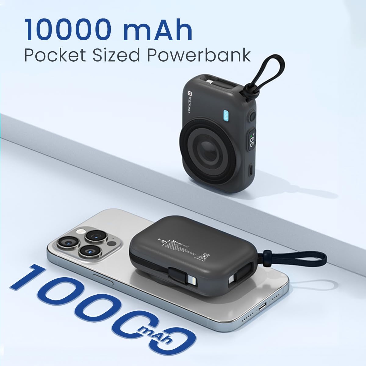 Portronics POR 2264 Power Shutter 10000mAh 15W Magnetic Wireless Fast Charging Powerbank with in-Built Type C And 8 Pin Cable, 22.5W Type C PD Output, Type C Bidirectional Port, LED Display Black - Image 2