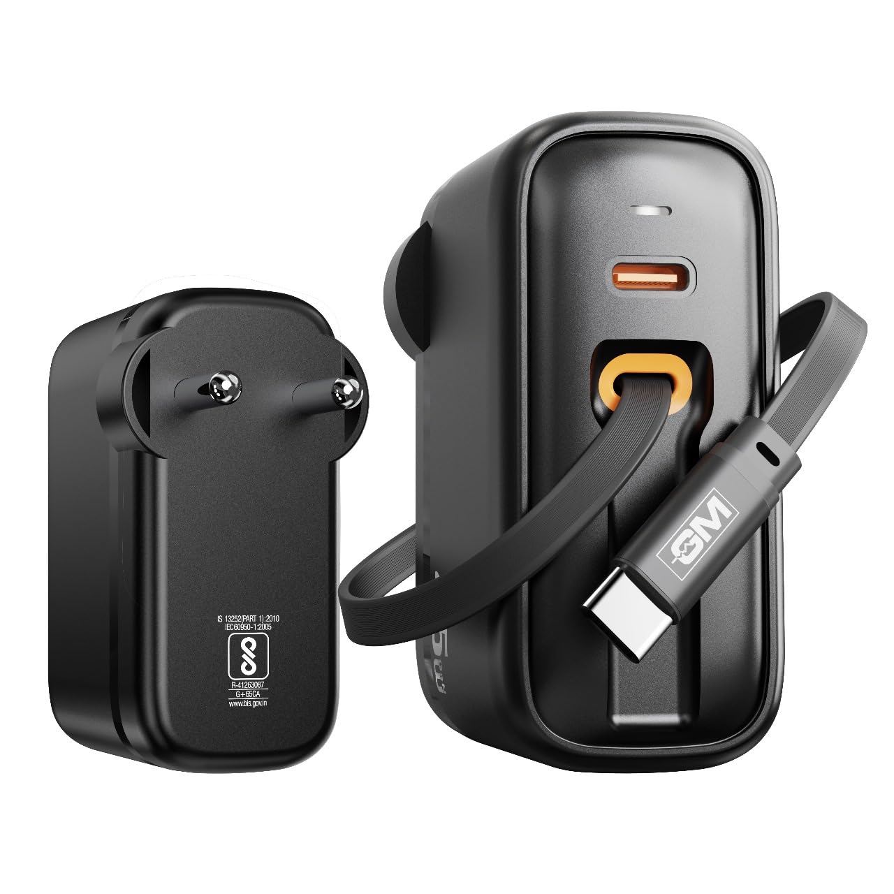 GM G+ 45W Type C All in One Travel Adapter with 70 CM Retractable Cable, GaN Technology Super Fast Charger for Mobile And Laptop Black - Image 1