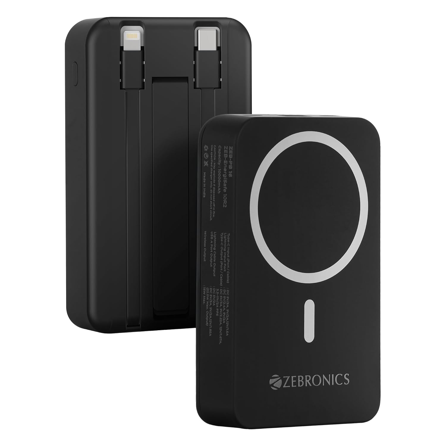 ZEBRONICS EnergiSafe 10R2, 10000mAh MagSafe Wireless Power Bank, 15W Wireless & 22.5W PD (PPS) Fast Charging, Built-in Stand, Type-C & Lightning Cable, 5× Outputs, for iPhone & AirPods Black - Image 1