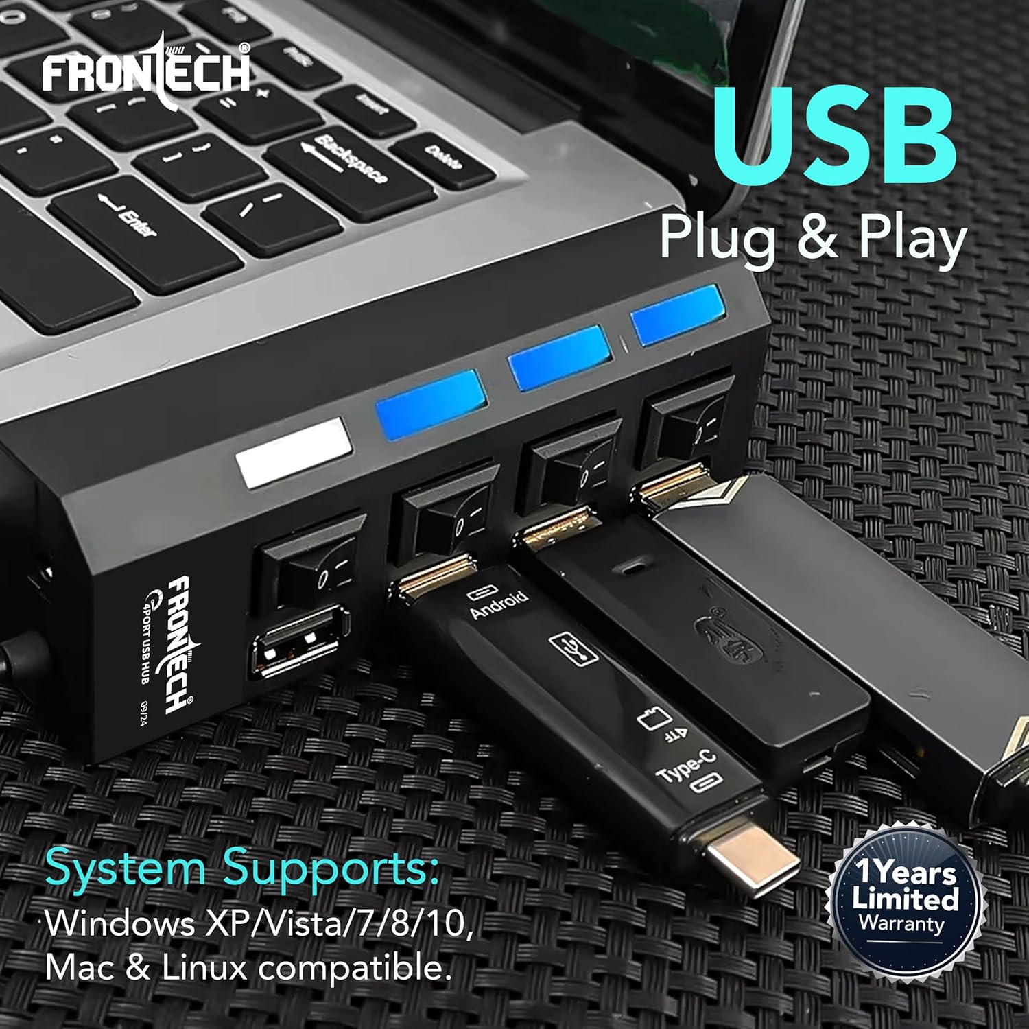 Frontech 4-Port USB Hub Individual On/Off Switches, LED Indicators, 40 cm Cable, Optional Power Input Port, Plug-and-Play Multi-Device Connectivity - Image 6