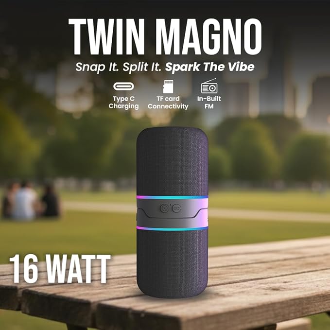 Toreto TOR-464 Twin Magno Magnetic Wireless Bluetooth Speaker 16W  Detachable Dual Speakers, RGB Lights, 6H Playtime, TWS Stereo Mode, Type-C Charging, Portable Wireless Speaker Black - Image 2