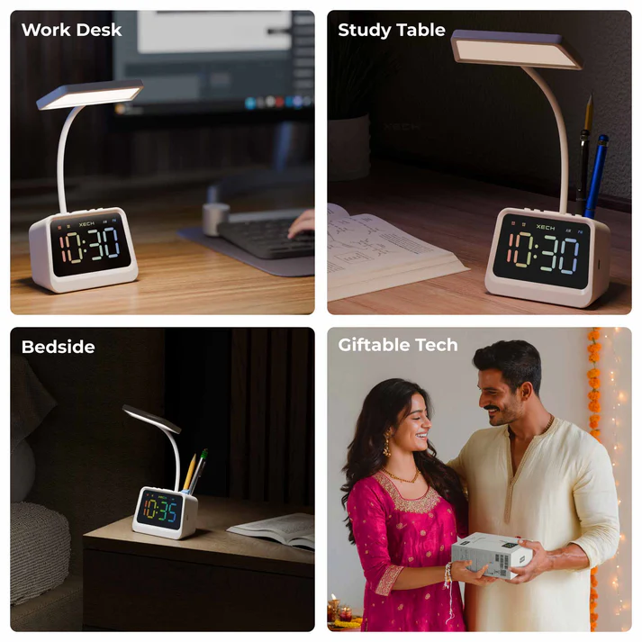 Xech Prism Alarm Clock with Lamp, Pen Stand Speaker, Rechargeable Desk Lamp for Study, Digital Clock, Mini Speaker, Gift for Office, Home & Kids White - Image 7