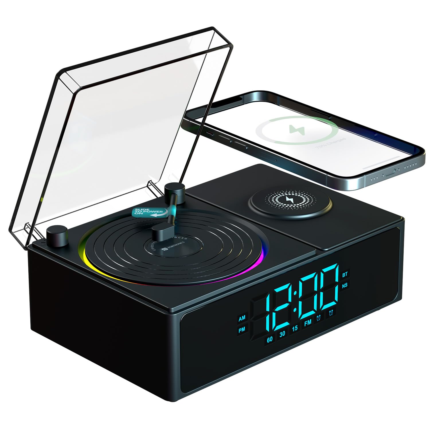 Portronics POR 3303 Soundflow 5W HD Sound Retro Design Bluetooth Speaker,15W Wireless Charging,Digital Clock with Alarm Setting,RGB LED Lights,Built-in White Noise, USB-A/SD Card/AUX in, Type C Charging Black - Image 1