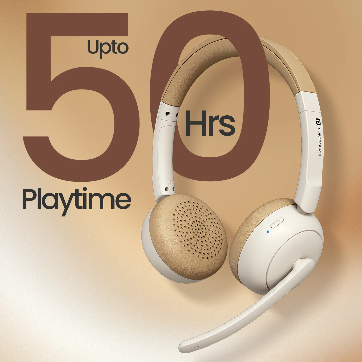 Portronics POR 3419 Muffs A3 ENC Upto 50 Hours Playtime | Bluetooth Version 6.0 | Adjustable Headband | Type C Fast Charging Beige - Image 2