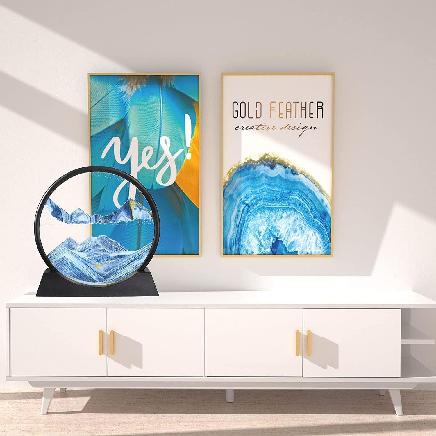 3D Moving Sand Art Picture Glass Liquid Painting Natural Landscape Showpieces for Home Decor, Antique Gifts for Kids, Office Desktop Decoration Blue - Image 9