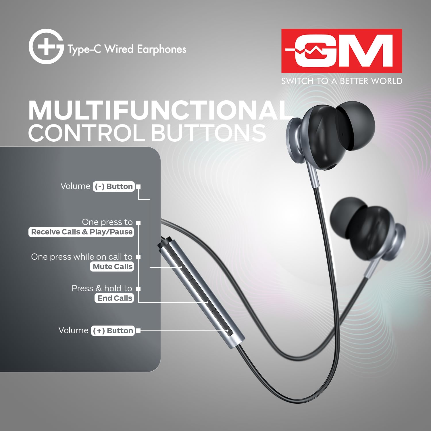 GM G+ Type-C Wired Earphones, Wireless in-Ear Earphones with HD Mic, 14mm Drivers, Pure Bass Sound, Lightweight & Comfortable Fit, for Rich & Detailed Audio - Image 4