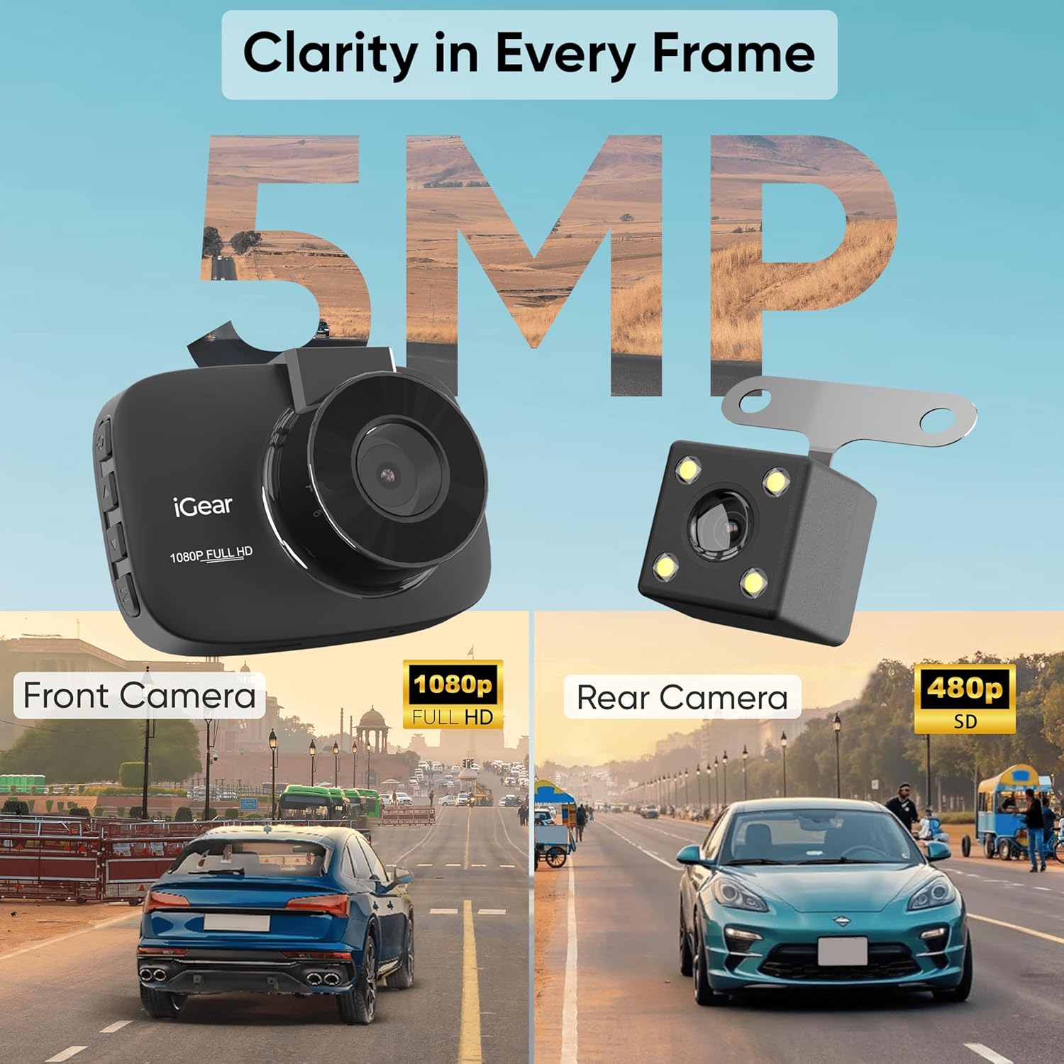 iGear VueCam Full HD 1080P Car Dash Cam, Front Rear Recording, 2.2" LCD, G-Sensor, Parking Mode, Motion Detection, Loop Recording, Wi-Fi App Control - Image 3