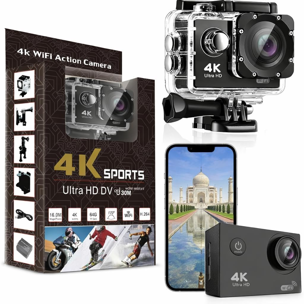 4K 30FPS Action Camera Ultra HD Underwater Camera 170 Degree Wide Angle 98Ft Waterproof Camera (Light Action) Digital Black - Image 1