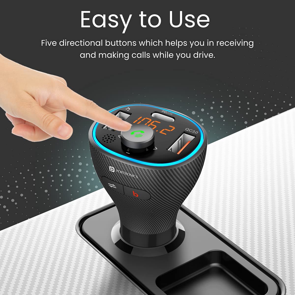 Portronics POR 1265 Auto 15 Bluetooth - FM Transmitter in-Car Radio Adapter for Hands-Free Calling, Music Streaming, USB Reading, 20W/38 W Max Black - Image 5