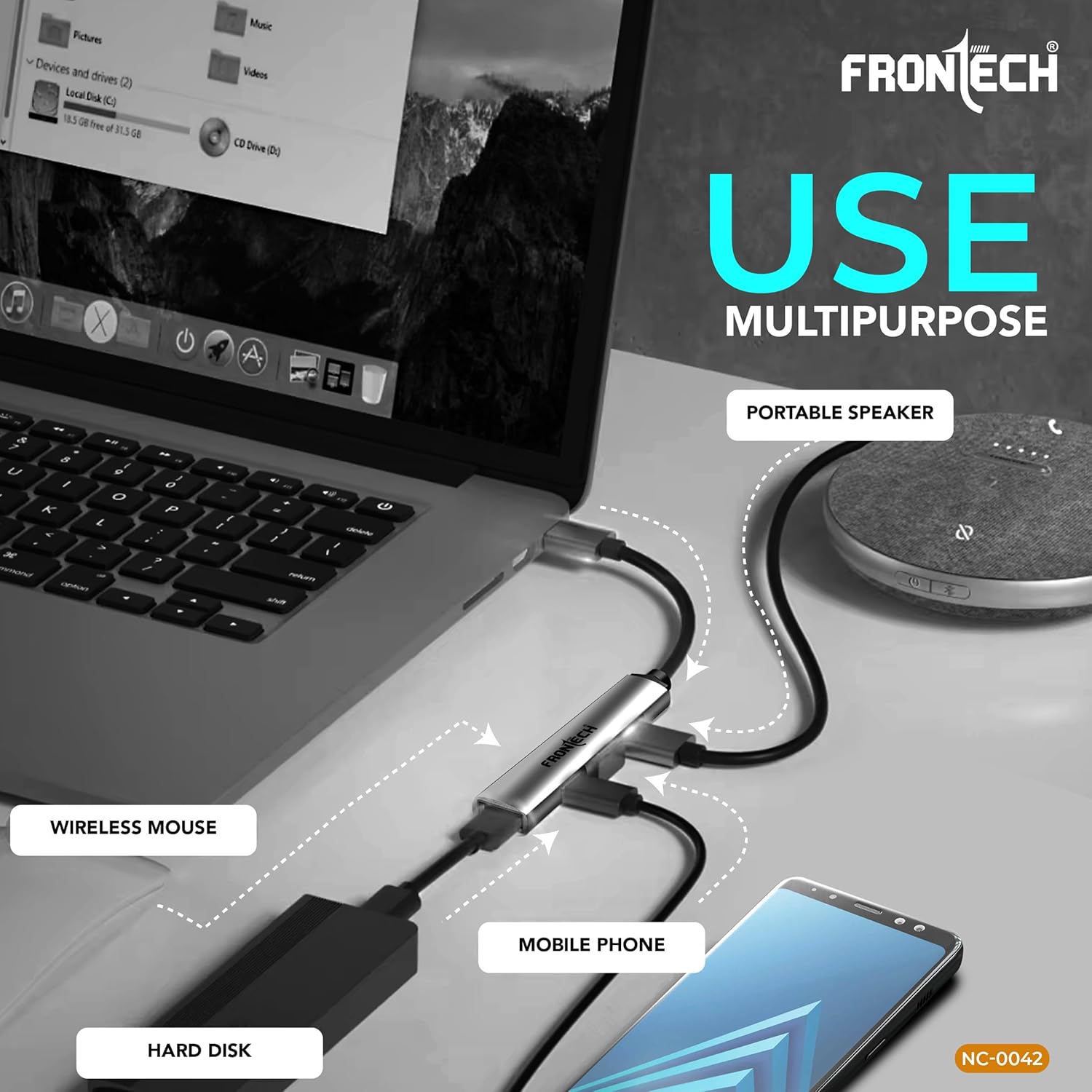 Frontech 4 in 1 Slim Multiport HUB Dock,1XUSB 3.0, 3X USB 2.0,Compact Metal Design, Upto 5 Gbps Hight Speed Data Transfer for Desktop,Laptop,Tablet - Image 7