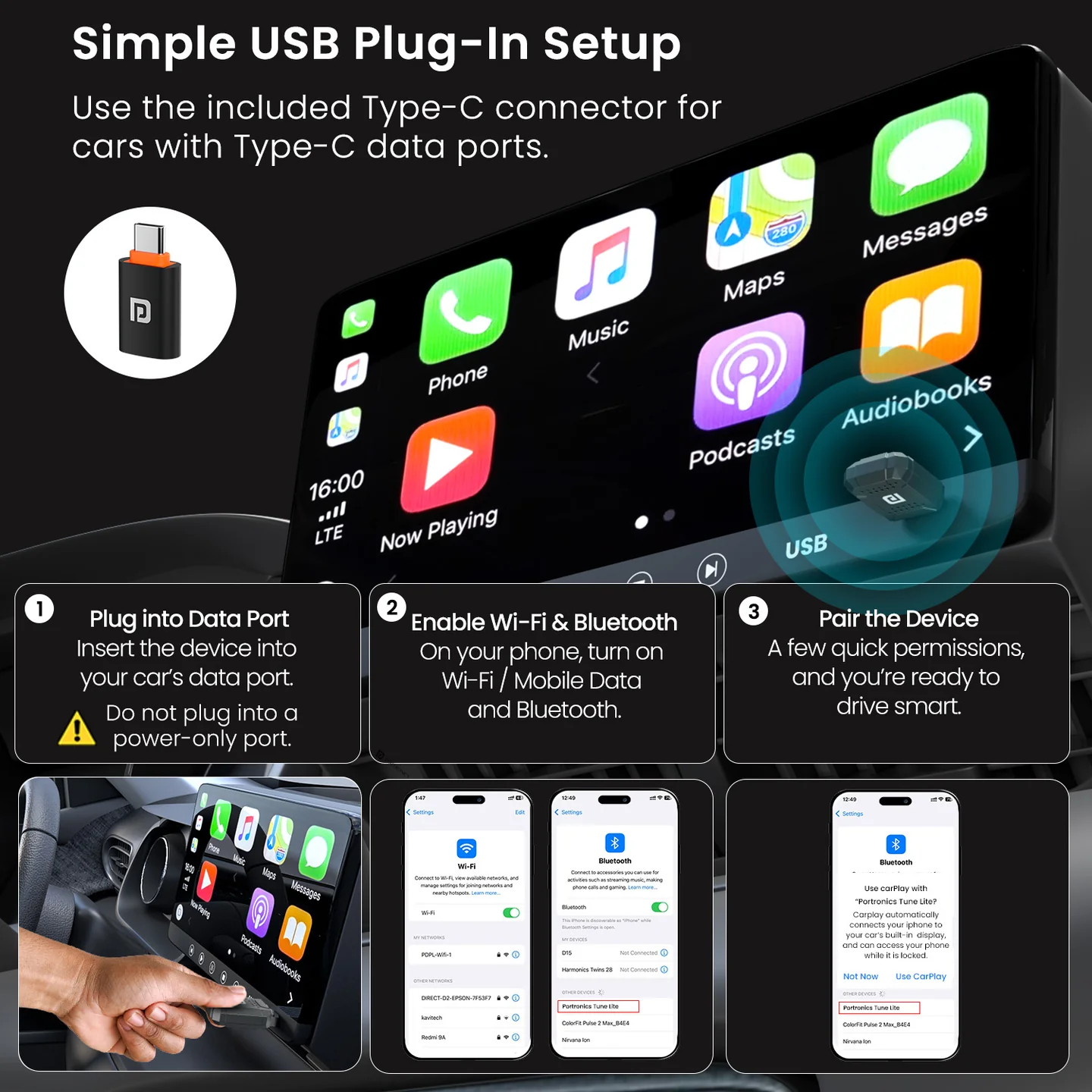 Portronics POR 3328 Tune Lite Wireless Car Receiver, Converts Wired to Wireless, Plug & Play, Android 12+ & iOS 15+ - Image 5