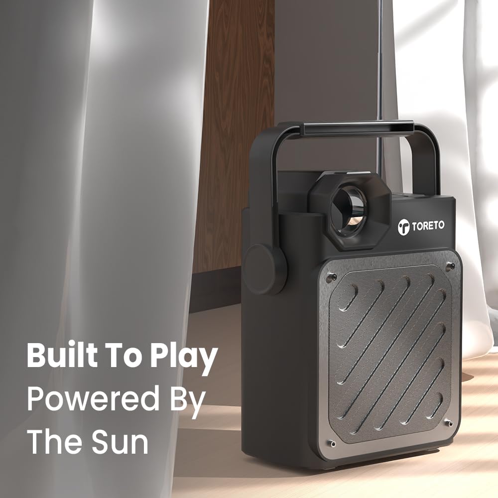 Toreto Solar Beatz 20W High Bass BT Speaker, Up to 8 hrs of Playtime, BTv5.0, Solar Charging Multi Functional with AUX/USB/TF Card/FM with Flash Light And 2000 mAh Battery Power Bank Black - Image 2